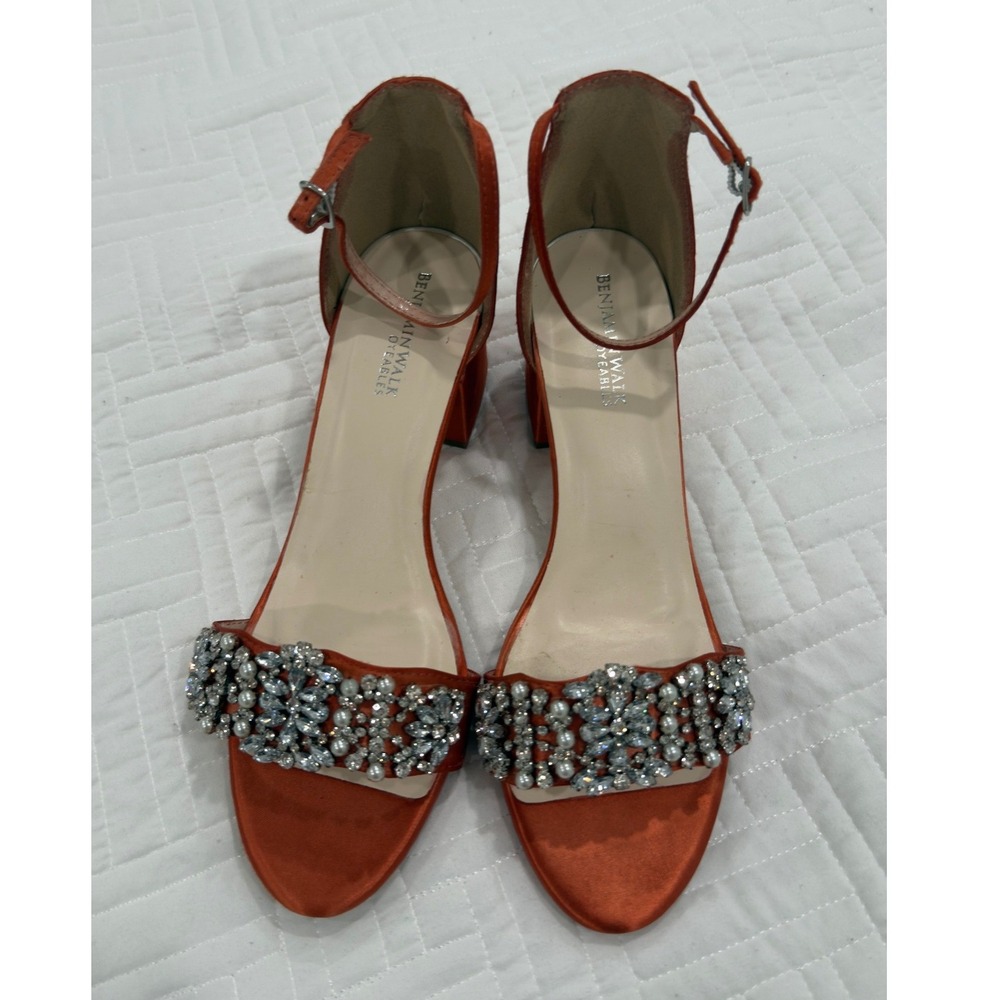 Benjamin‎ Walk Dyeables Orange Satin Embellished Block Heel Sandals 9M